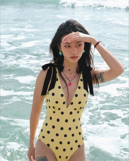 Vintage Polka Dot One Piece Swimsuit with Bow Tie Shoulder Straps