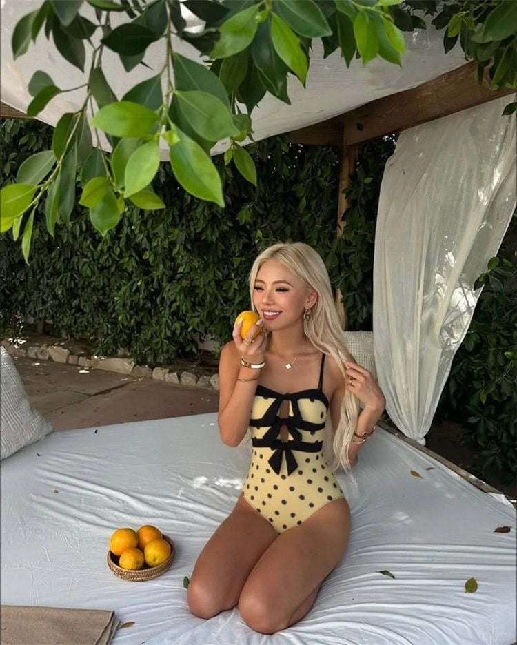 Cut Out Polka Dot One Piece Swimsuit with Front Tie Detail