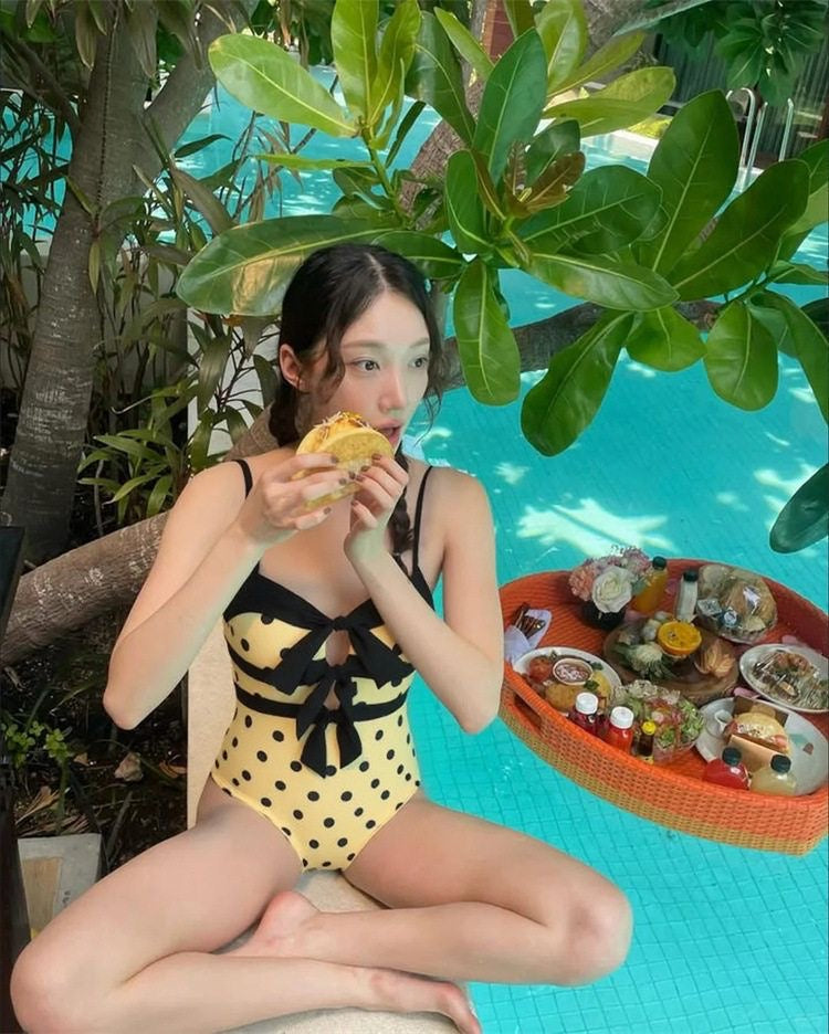 Cut Out Polka Dot One Piece Swimsuit with Front Tie Detail
