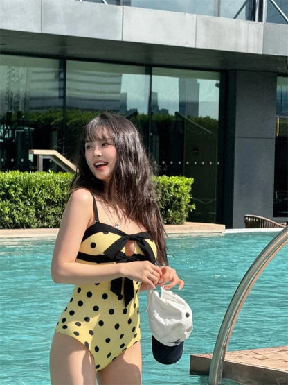 Cut Out Polka Dot One Piece Swimsuit with Front Tie Detail