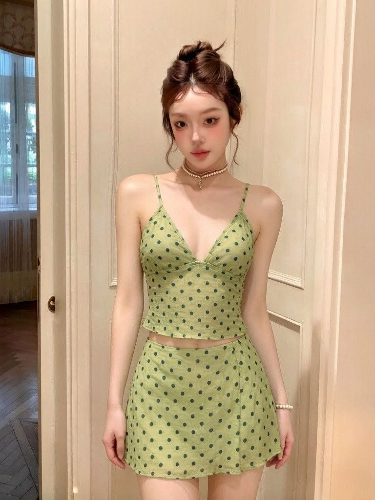 Elf Green Polka Dot Camisole Bikini Top with Matching Mini Skirt Set
