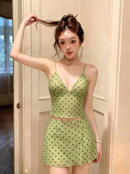 Elf Green Polka Dot Camisole Bikini Top with Matching Mini Skirt Set