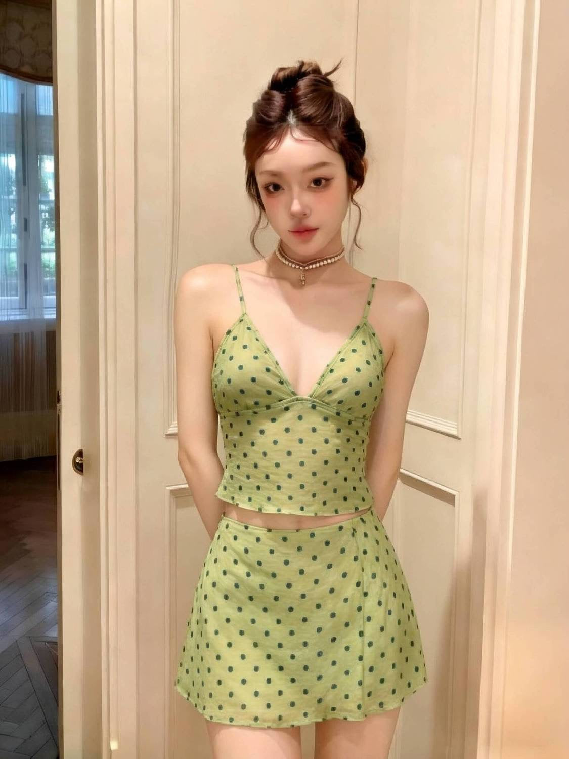 Elf Green Polka Dot Camisole Bikini Top with Matching Mini Skirt Set