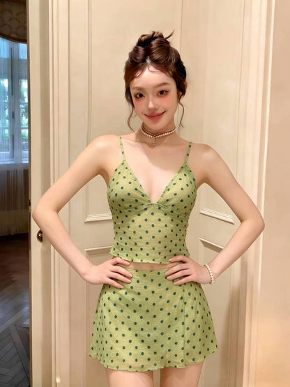 Elf Green Polka Dot Camisole Bikini Top with Matching Mini Skirt Set