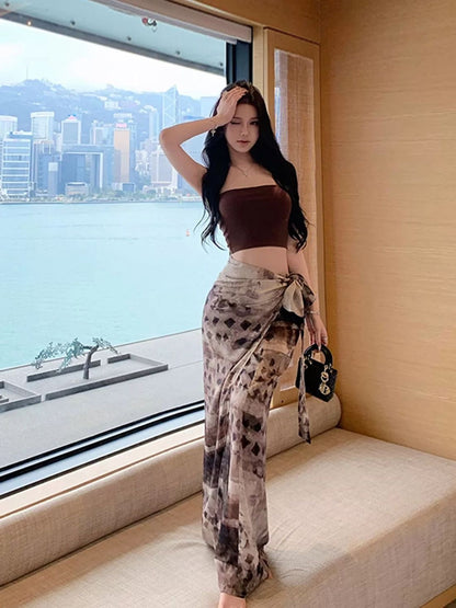 Strapless Crop Top with Sheer Printed Wrap Maxi Skirt Resort Set