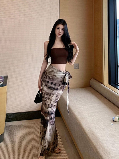 Strapless Crop Top with Sheer Printed Wrap Maxi Skirt Resort Set