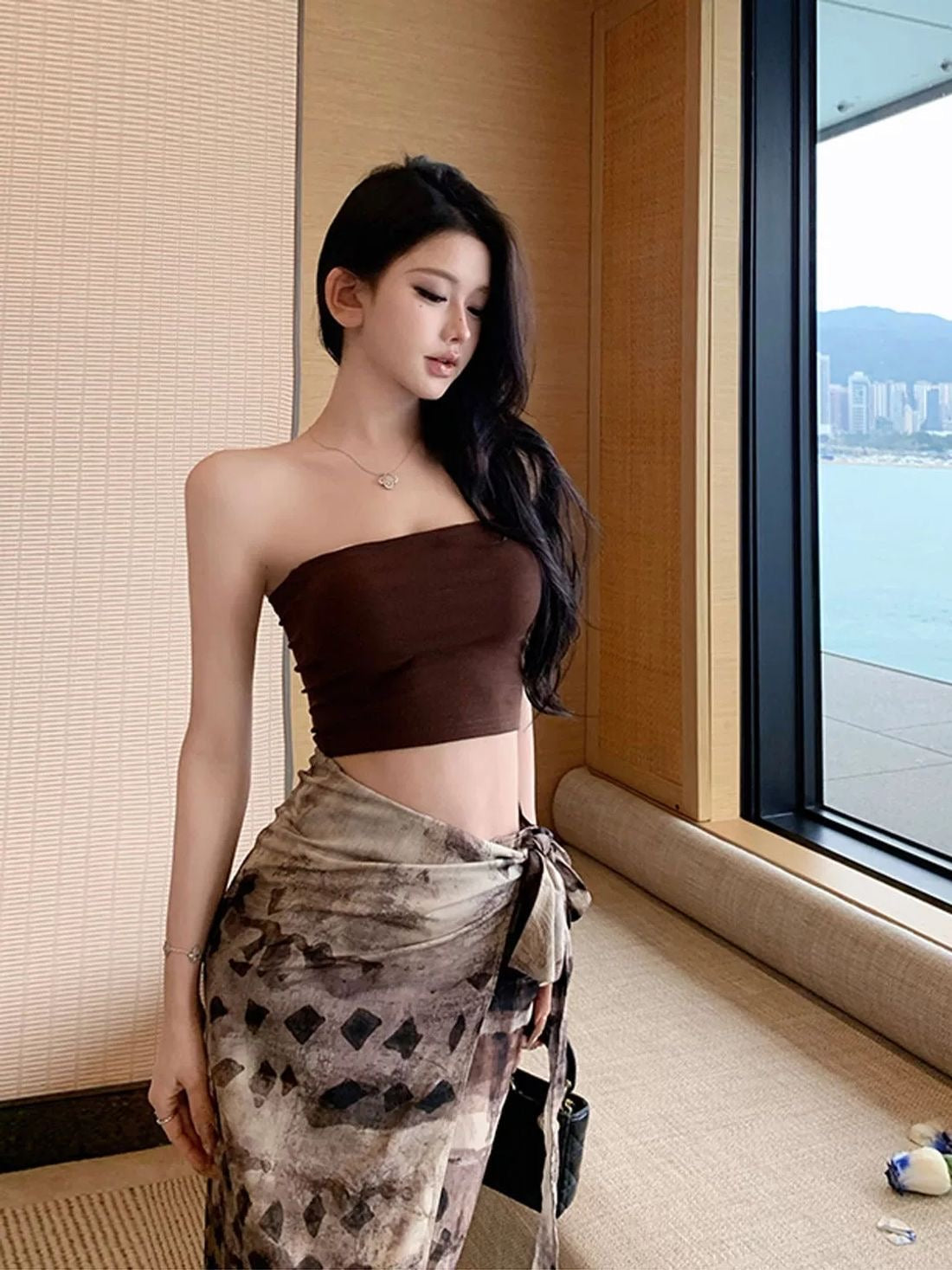 Strapless Crop Top with Sheer Printed Wrap Maxi Skirt Resort Set
