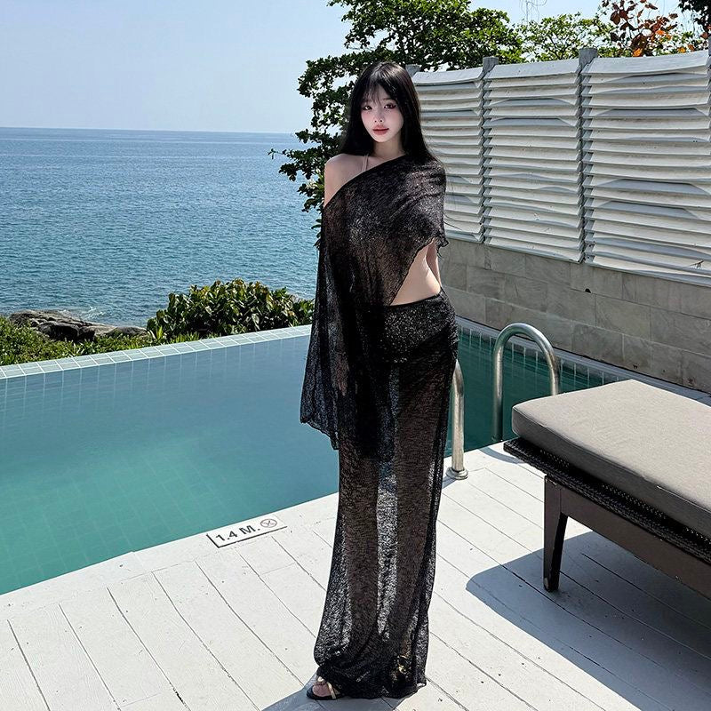 Sheer Black Knit Beach Cover Up Set with Asymmetrical Top and Maxi Skirt