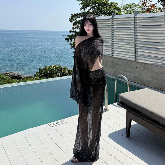 Sheer Black Knit Beach Cover Up Set with Asymmetrical Top and Maxi Skirt