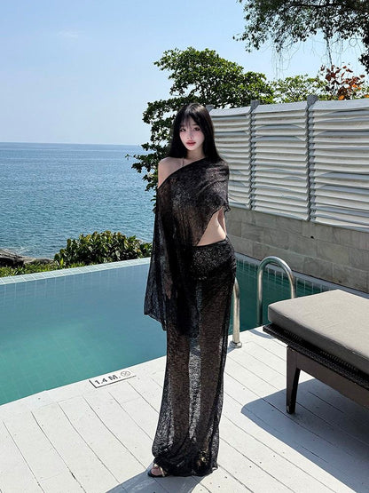 Sheer Black Knit Beach Cover Up Set with Asymmetrical Top and Maxi Skirt