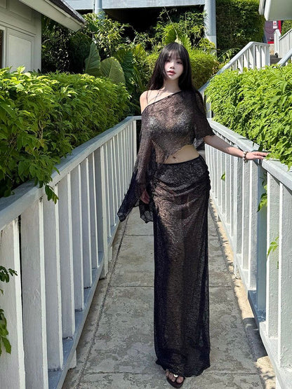 Sheer Black Knit Beach Cover Up Set with Asymmetrical Top and Maxi Skirt
