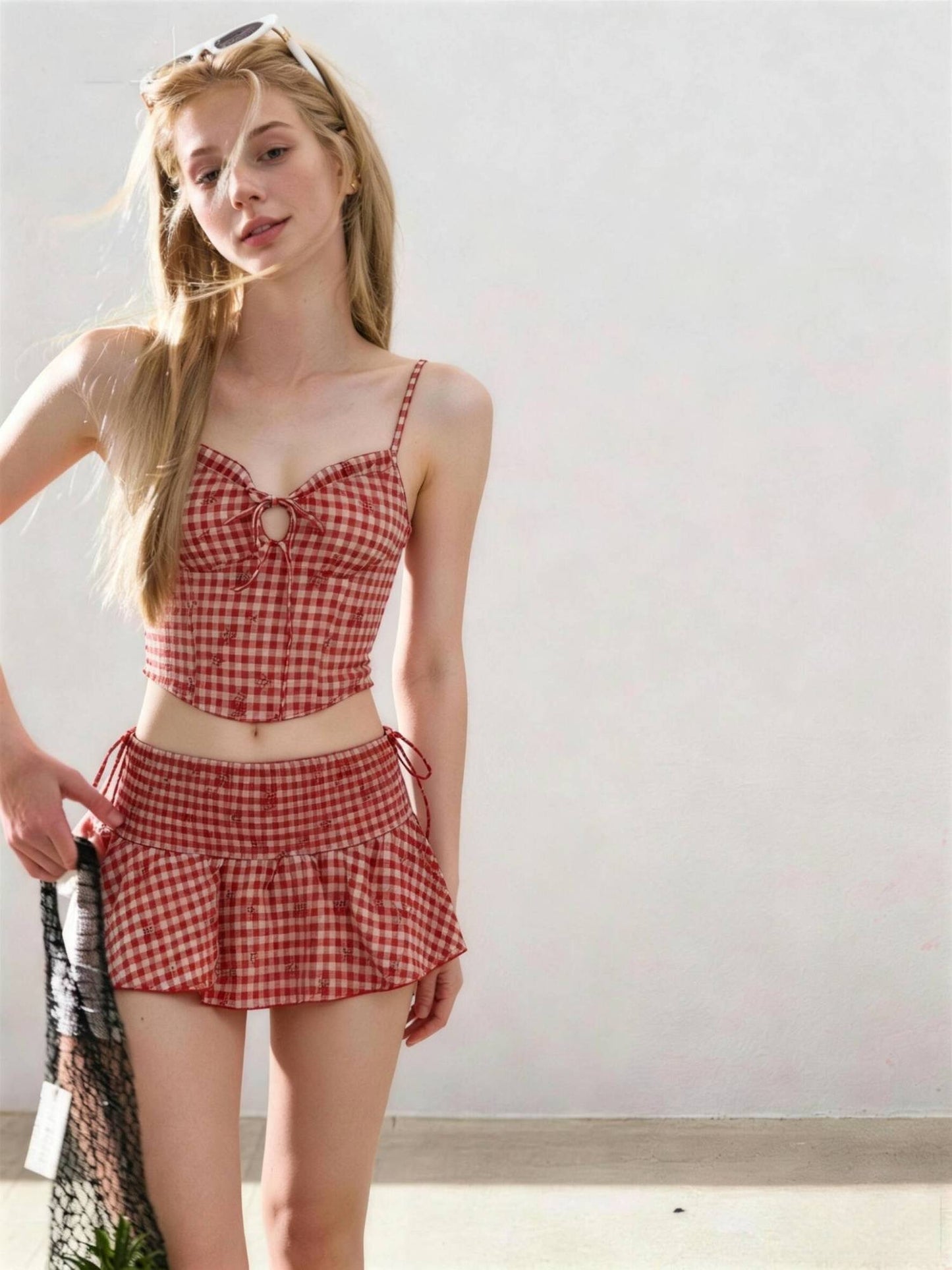 Vintage Gingham Tie Front Crop Top with Matching Ruffle Mini Skirt Set
