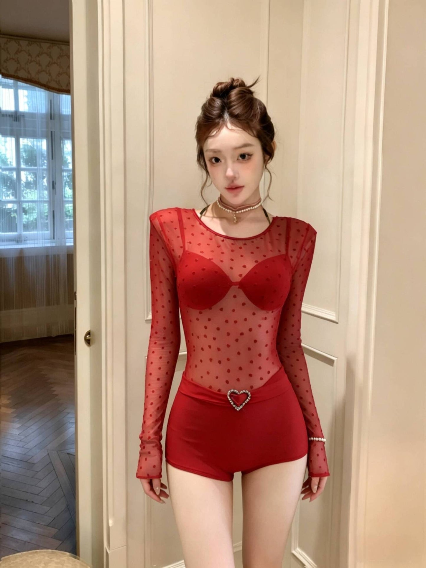 Scarlet Sheer Polka Dot Long Sleeve Bodycon Swimsuit with Heart Detail Waist