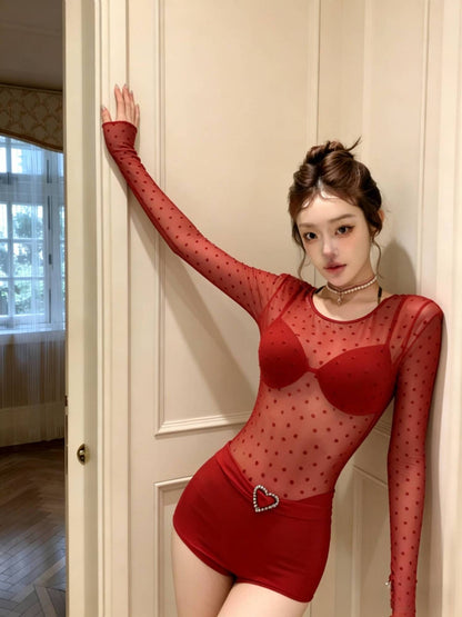 Scarlet Sheer Polka Dot Long Sleeve Bodycon Swimsuit with Heart Detail Waist