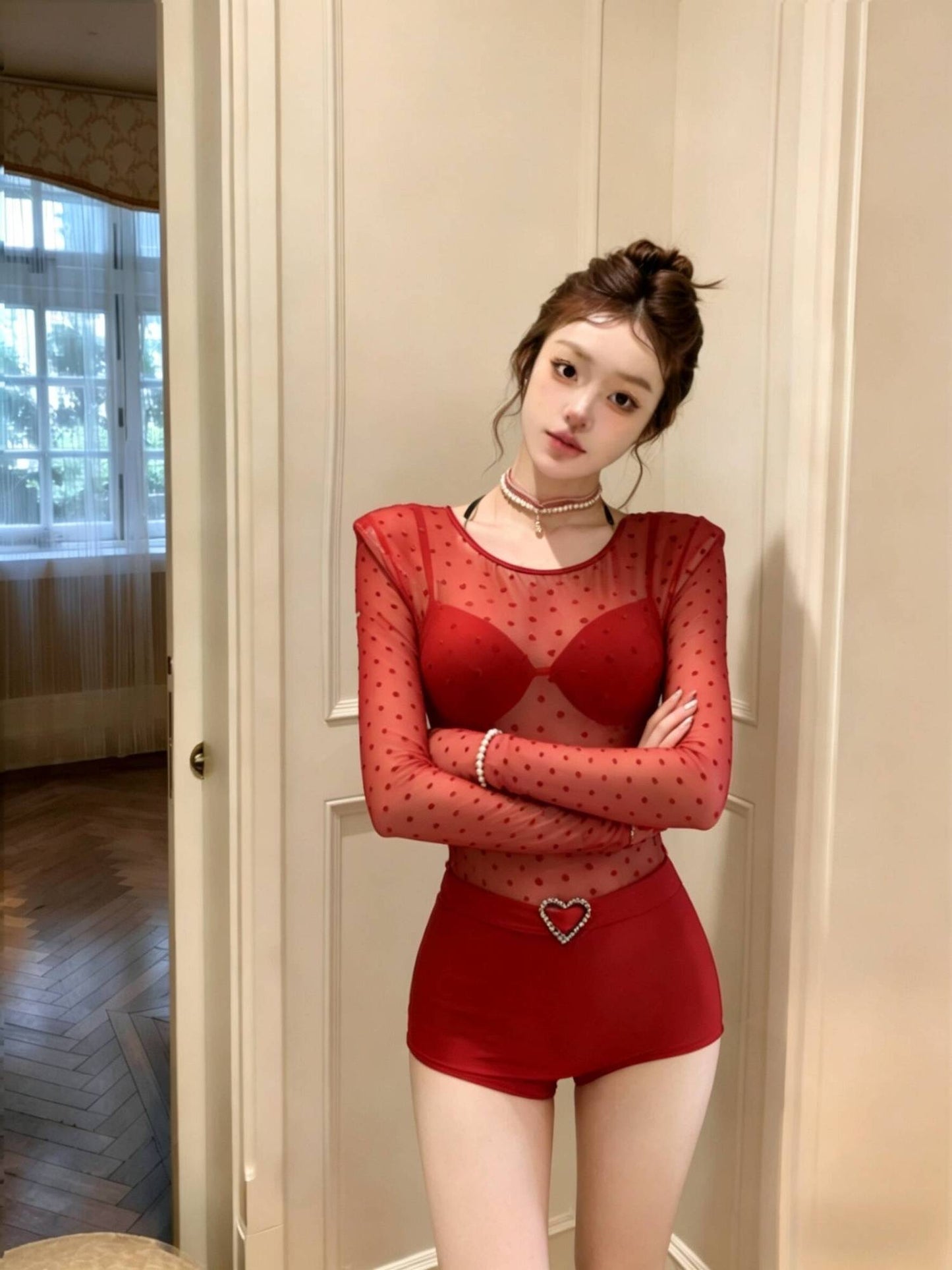 Scarlet Sheer Polka Dot Long Sleeve Bodycon Swimsuit with Heart Detail Waist