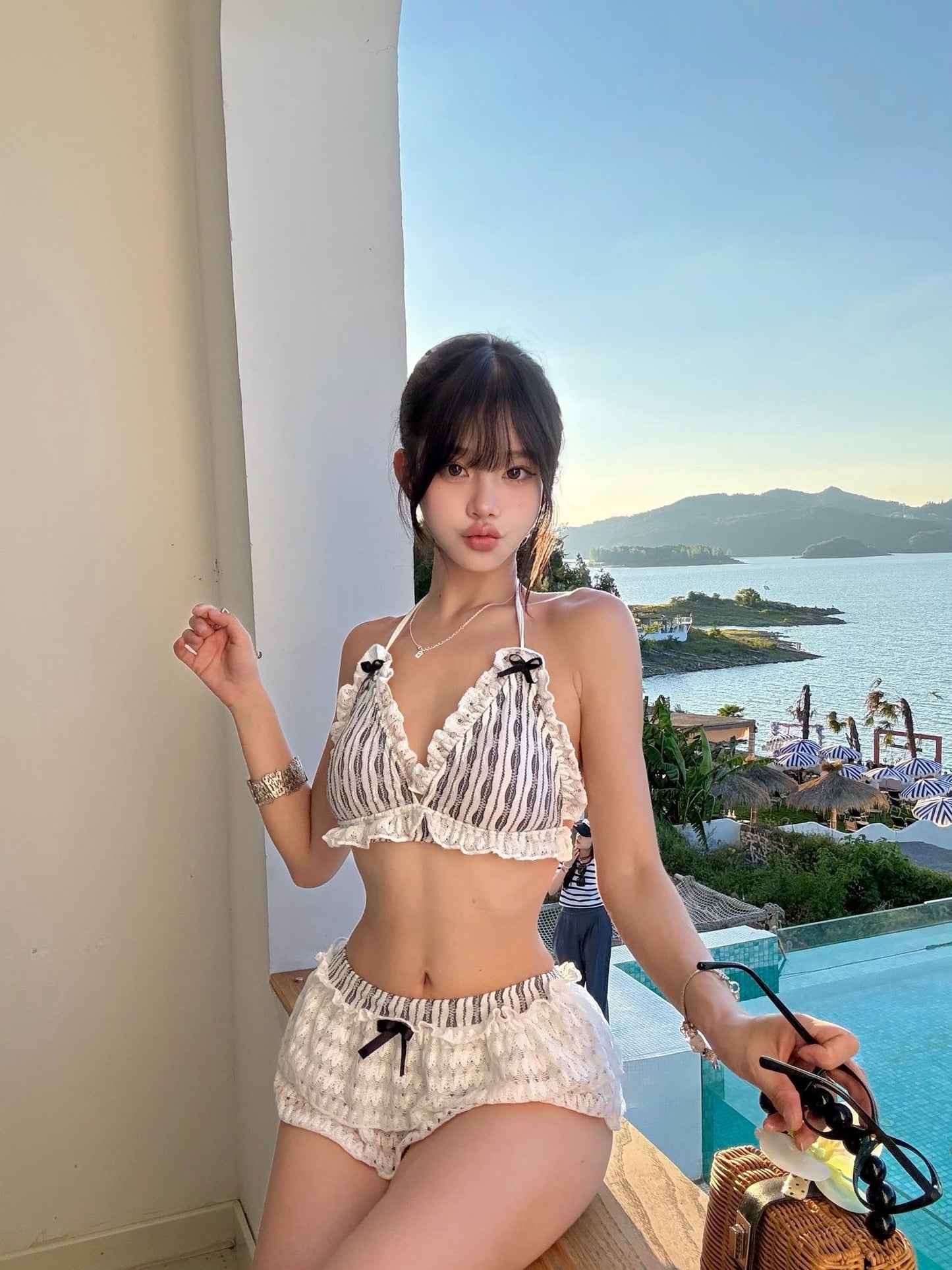 Vintage Lace Trim Halter Bikini Set with Ruffle Shorts Two Piece