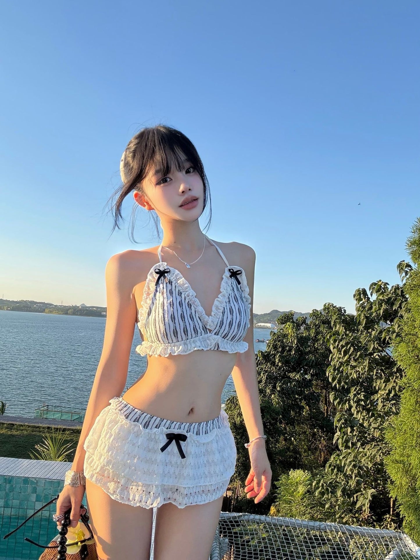 Vintage Lace Trim Halter Bikini Set with Ruffle Shorts Two Piece