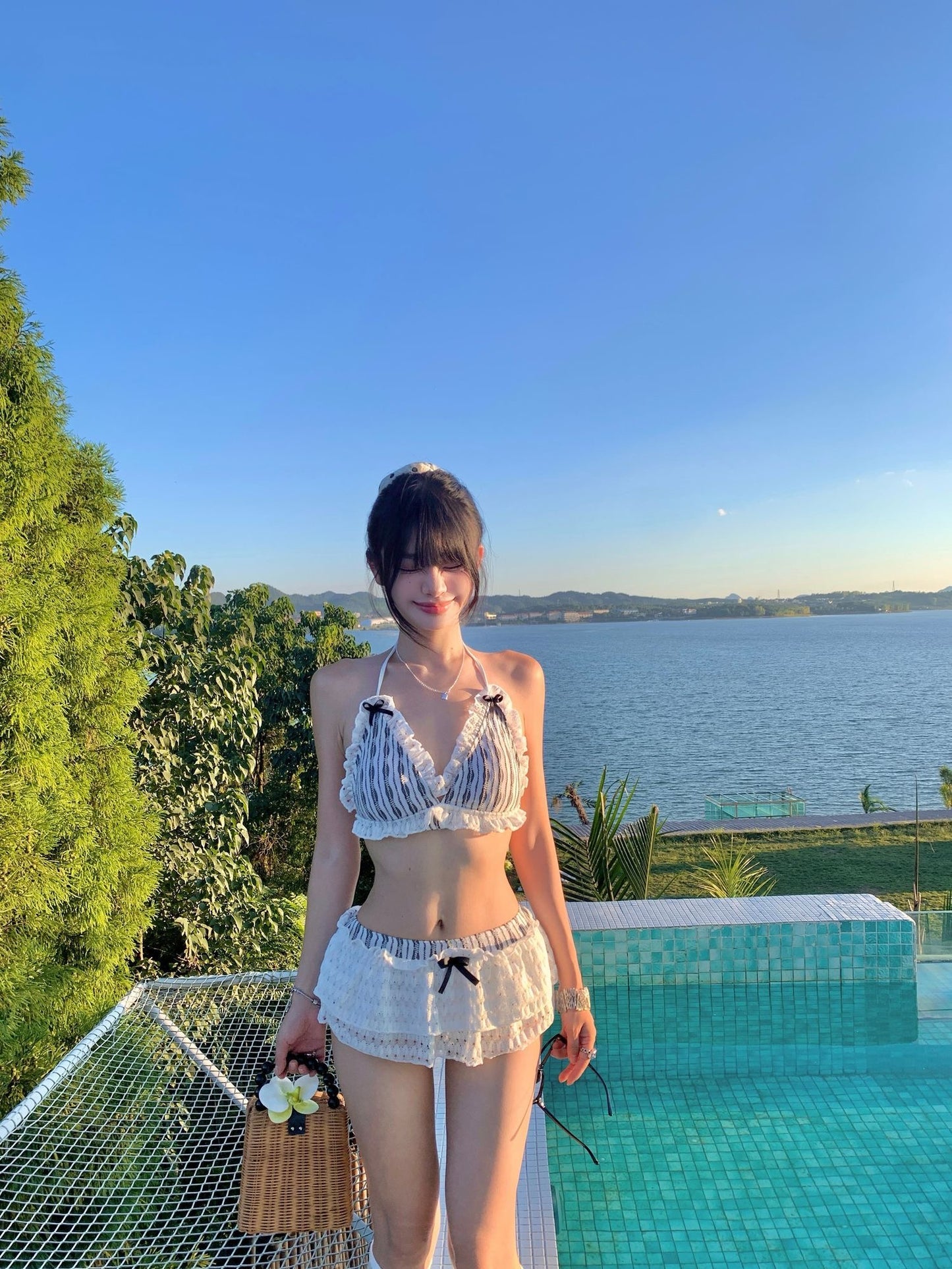 Vintage Lace Trim Halter Bikini Set with Ruffle Shorts Two Piece