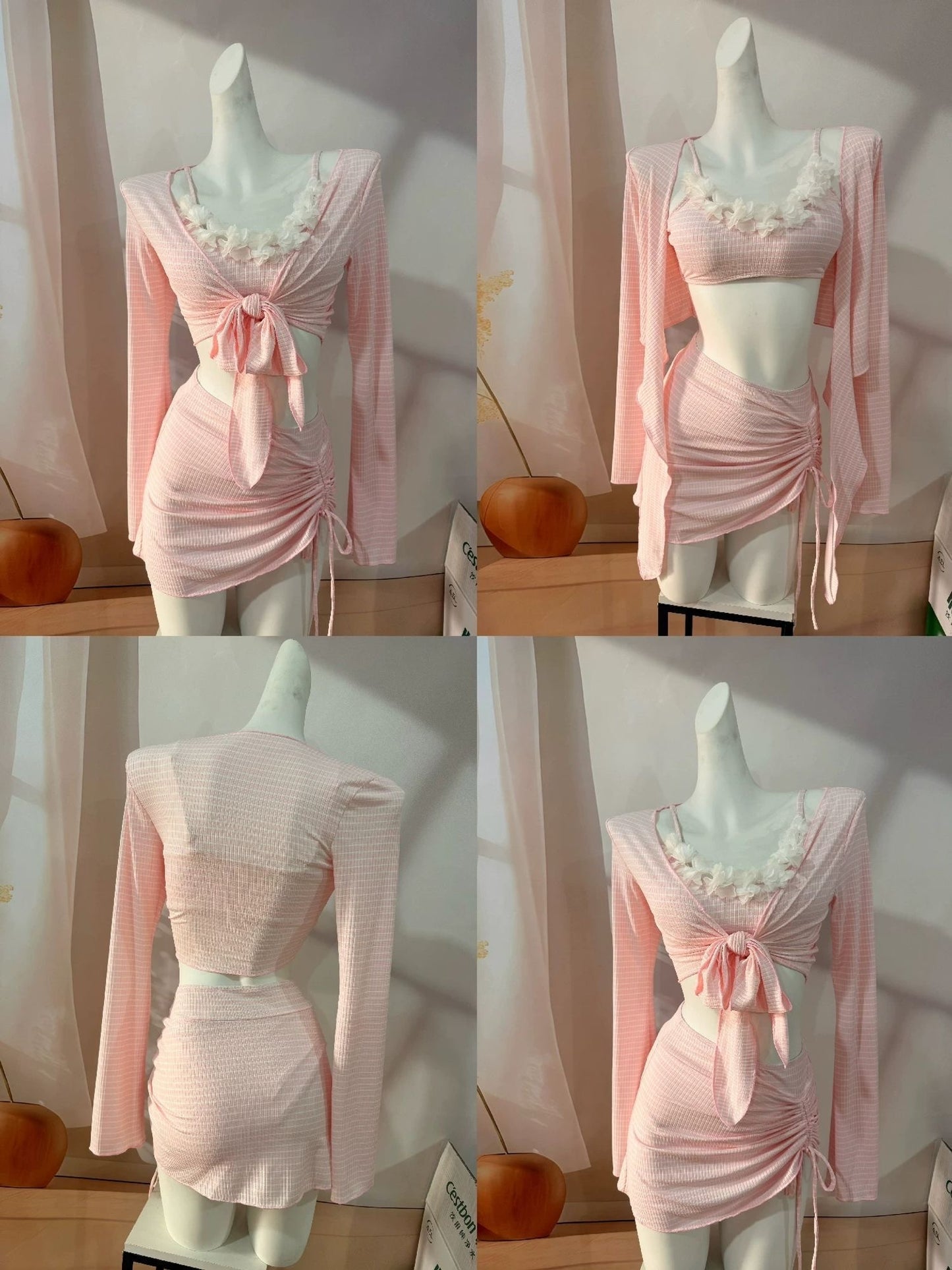 Soft Pink Ruched Tie Front Long Sleeve Crop Top with Mini Skirt Set