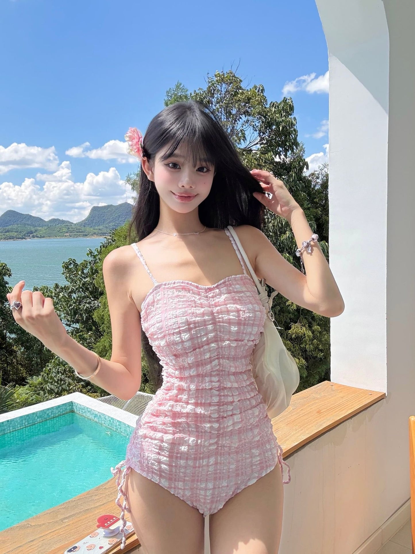 Textured Smocked One Piece Swimsuit with Adjustable Straps and Ruched Detail