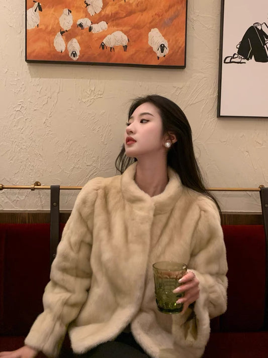 Elegant Faux Mink Fur Velvet Coat – Short Shearling Style with Stand Collar