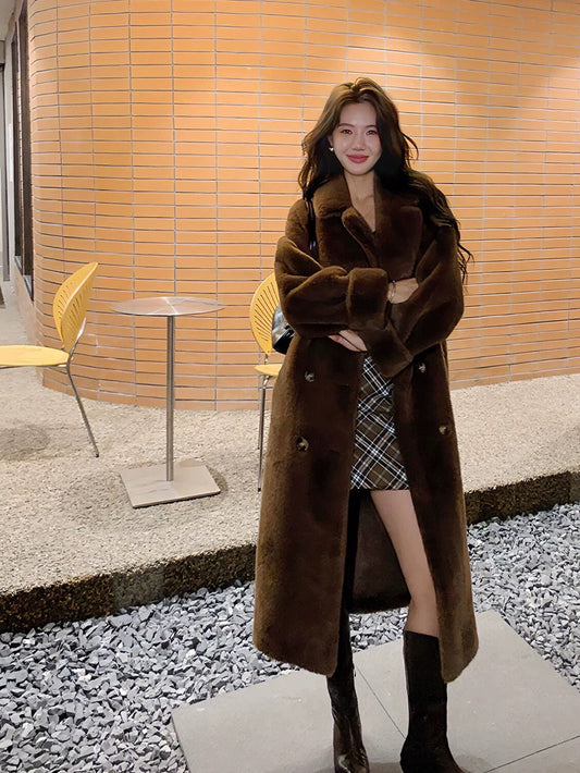 Luxury Full-Length Faux Mink Velvet Fur Coat – Dramatic Flared Hem, Coffee Brown Elegance