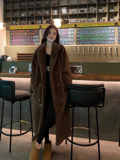 Luxury Full-Length Faux Mink Velvet Fur Coat – Dramatic Flared Hem, Coffee Brown Elegance