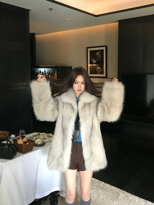 Statement Faux Fox Fur Coat – Mid-Length Fluffy Glam Jacket