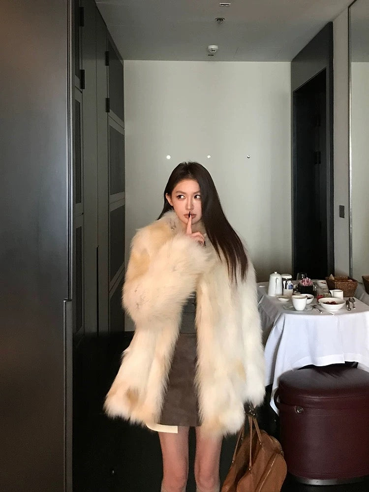 Statement Faux Fox Fur Coat – Mid-Length Fluffy Glam Jacket