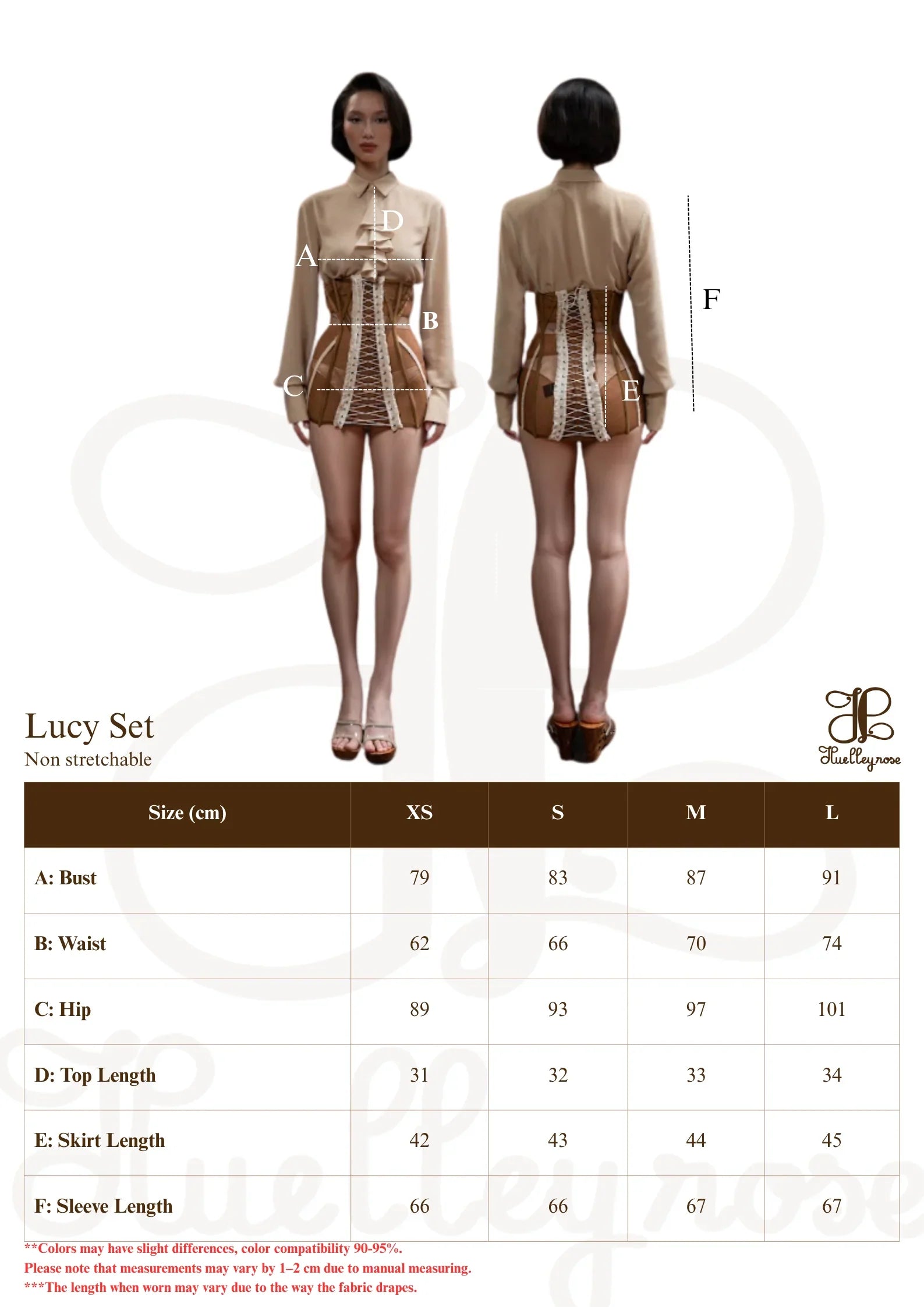 Huelleyrose Lucy Set - Black size chart