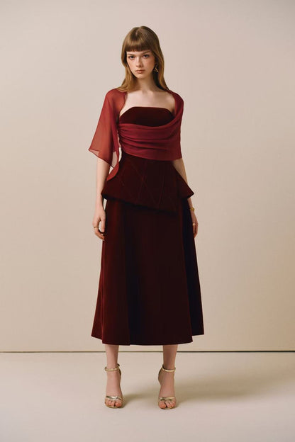 CICI SCARLOTTE Velvet Midi Dress with Sheer Overlay (2color)