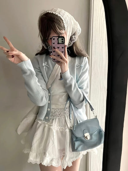 Whimsical Sky Blue Bow-Tie Cardigan