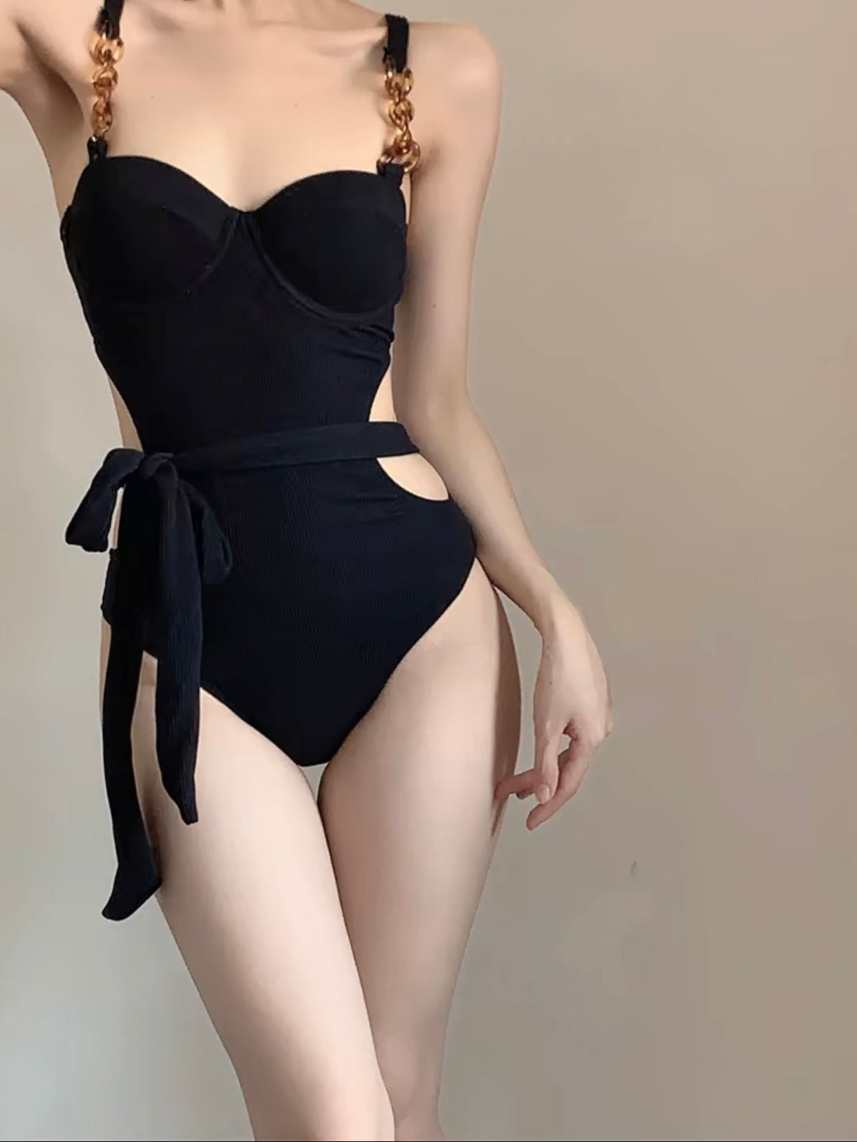 "Midnight Elegance Belted One-Piece"