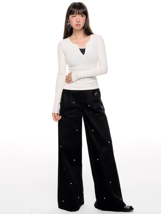 Elegant Wide-Leg Pearl-Studded Black Trousers