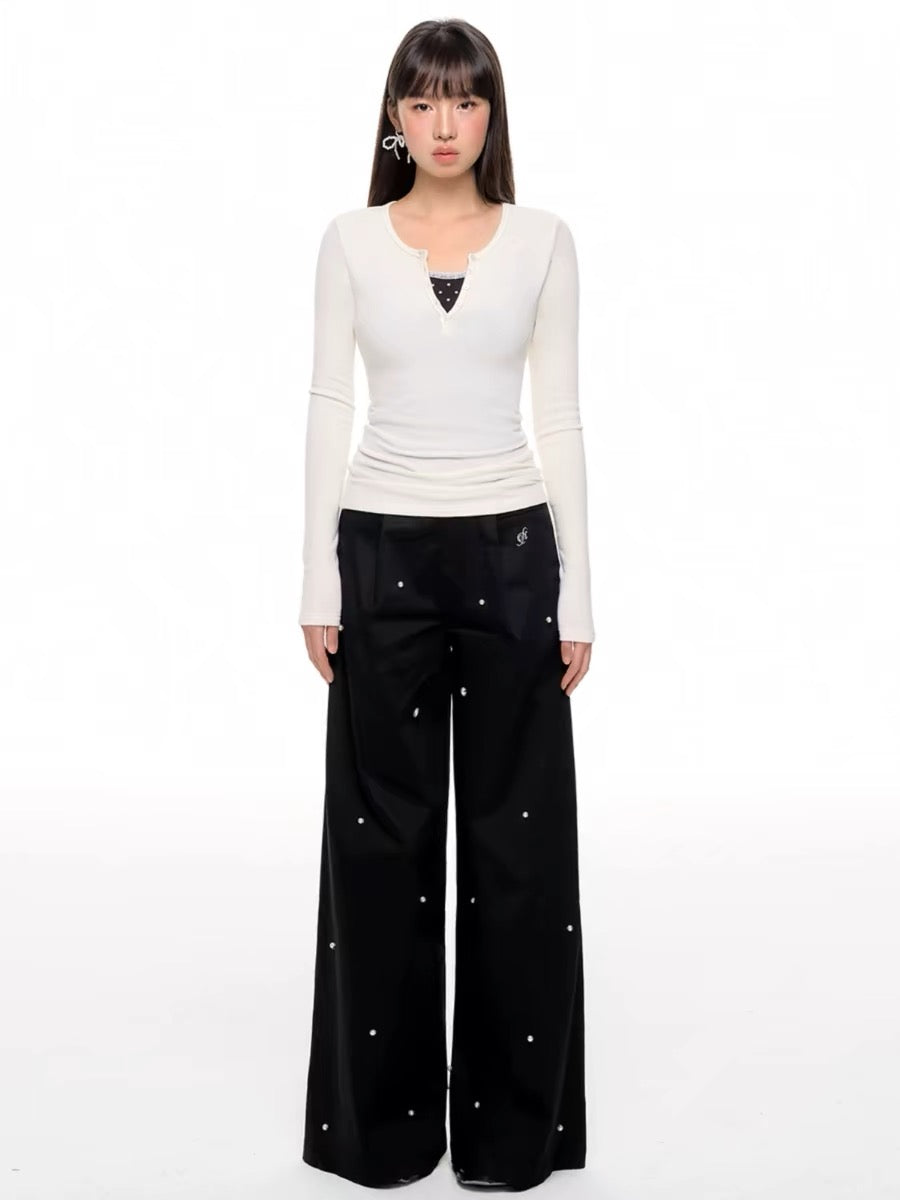 Elegant Wide-Leg Pearl-Studded Black Trousers