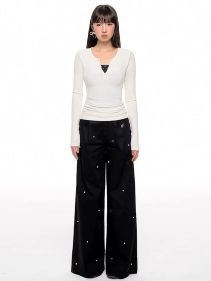 Elegant Wide-Leg Pearl-Studded Black Trousers