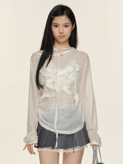 Ethereal Bow-Accent Sheer Knit Top