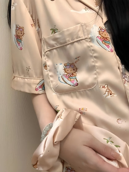 Hello Kitty Surfing Pajama Set - Brown Short Sleeve