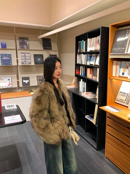 Luxe Eco-Friendly Fox Fur Coat – Thickened Brown Short Vintage Style