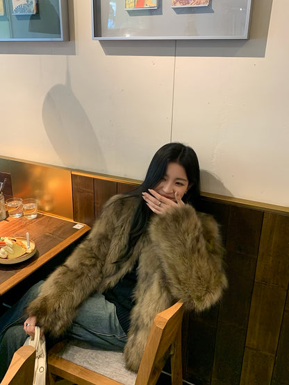 Luxe Eco-Friendly Fox Fur Coat – Thickened Brown Short Vintage Style