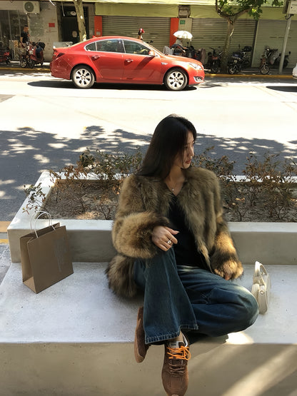 Luxe Eco-Friendly Fox Fur Coat – Thickened Brown Short Vintage Style