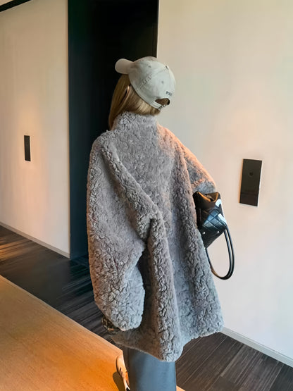 Effortless Chic Mid-Length Faux Fur Coat – Custom-Dyed Gray