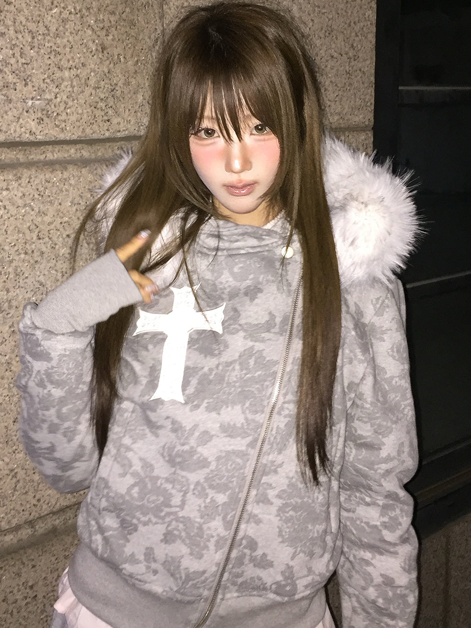 LUVISTRUE GT FUR UNBALANCE HOOD ZIP UP IN GRAY