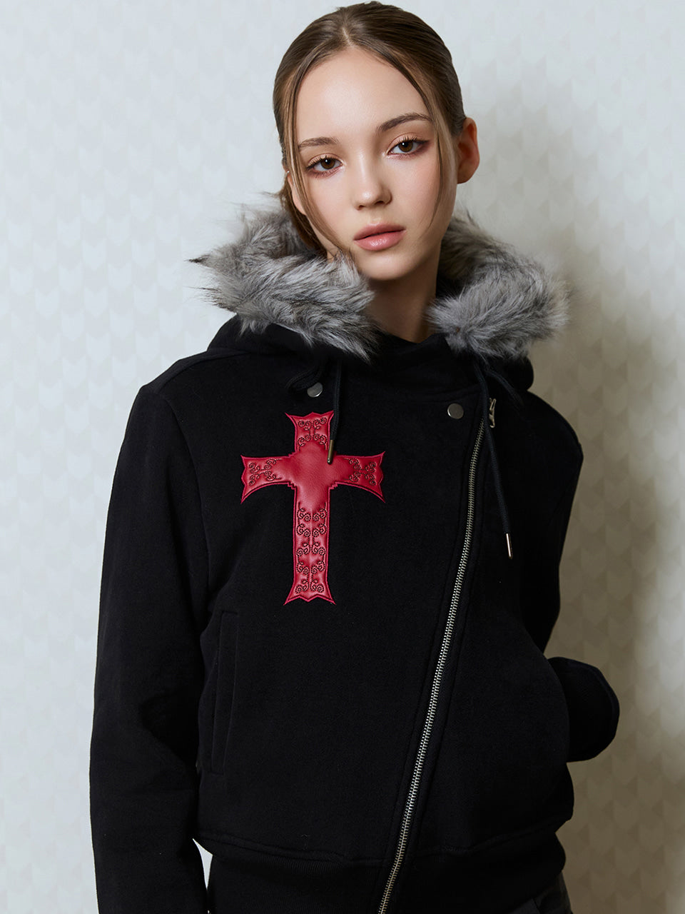 LUVISTRUE GT FUR UNBALANCE HOOD ZIP UP IN BLACK