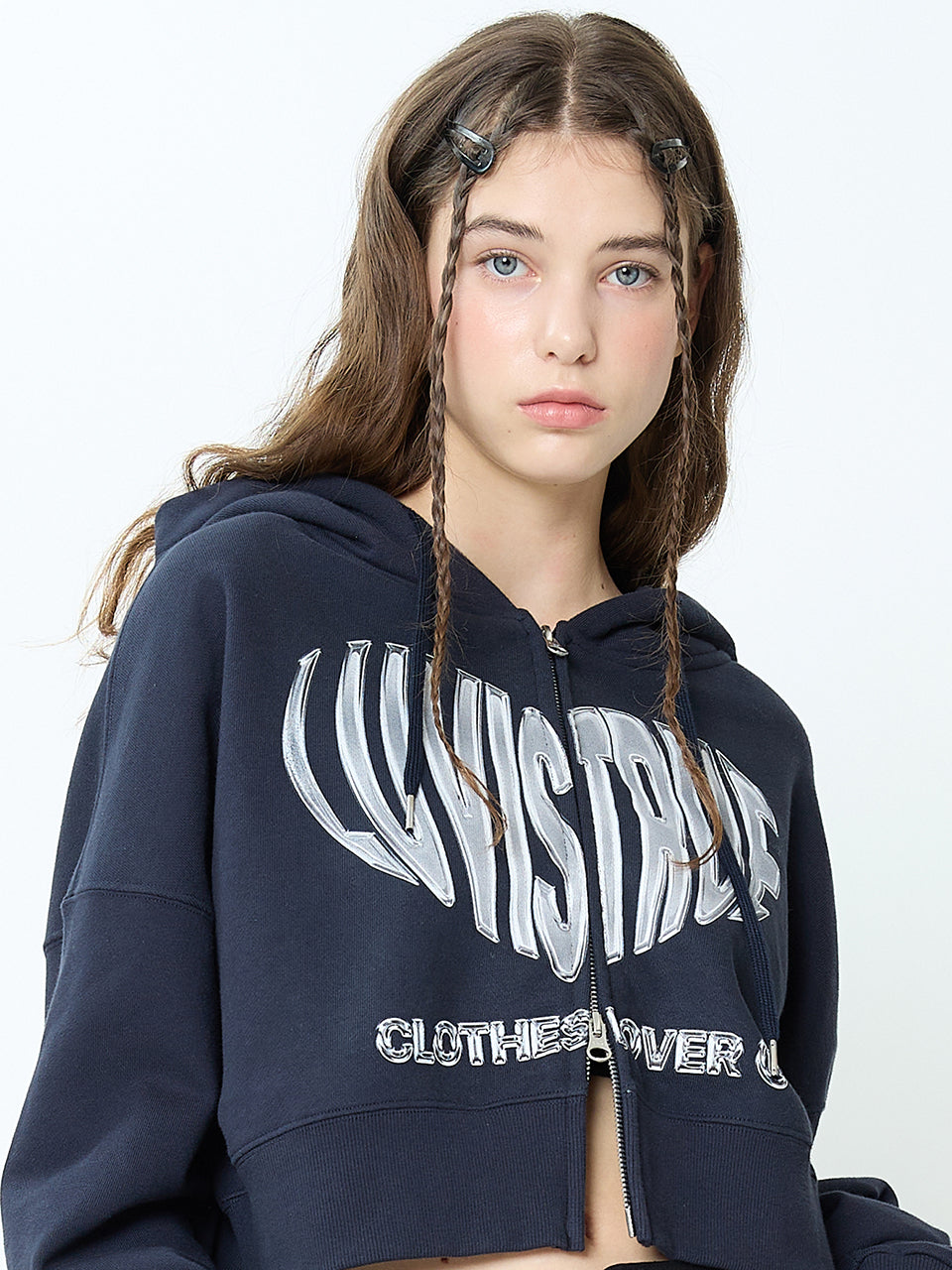 LUVISTRUE CH 2-WAY CROP HOOD ZIP UP IN NAVY